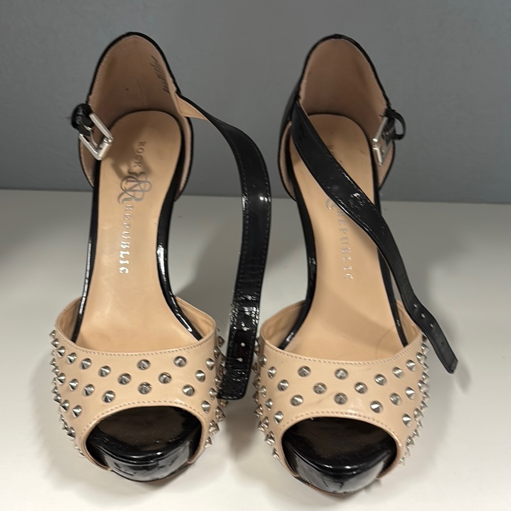 Bebe Black and Tan Studded Peep-Toe Heels